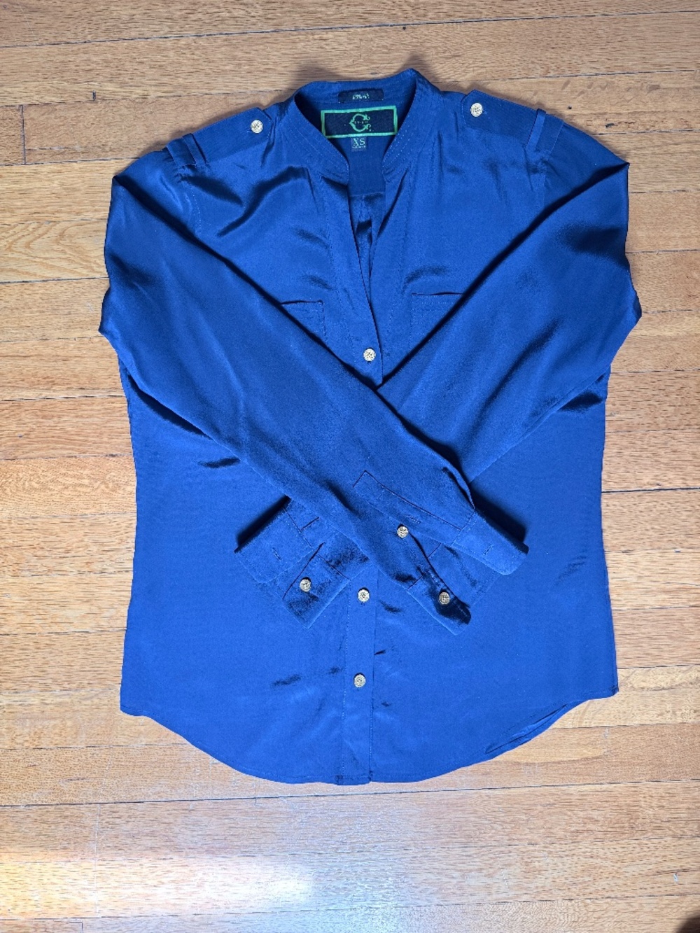 C. Wonder 100% Silk Royal Blue Button Down Blouse Gold Button Detail Size XS
